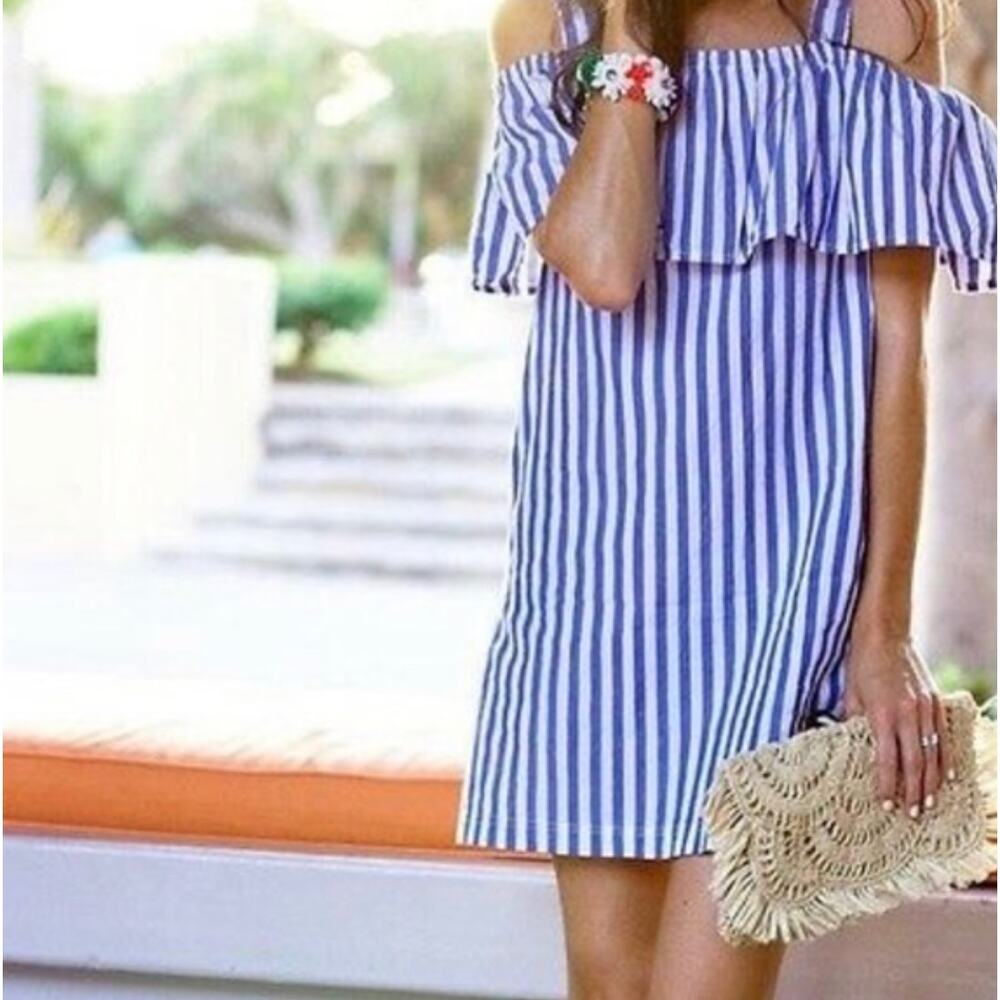 ✨WHIT Two Vertical Striped Open Shoulder Ruffle Dress Blue White Size Small